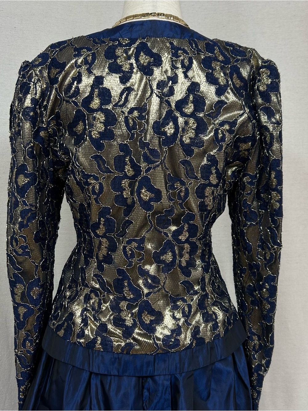 Jessica McClintock Navy Blue and Gold A-Line Skirt Set - Picture 4 of 12